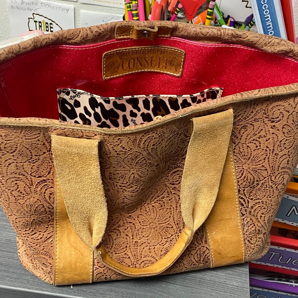 Consuela Tan and Red Tote Bag